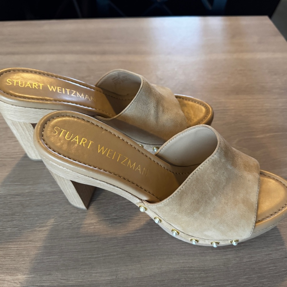 Stuart Weitzman Tan Suede Mules with Pearl Accents